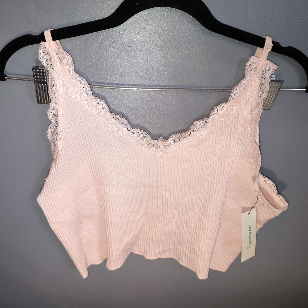 Ribbed Lace Trim Soft Pink Cami Tank